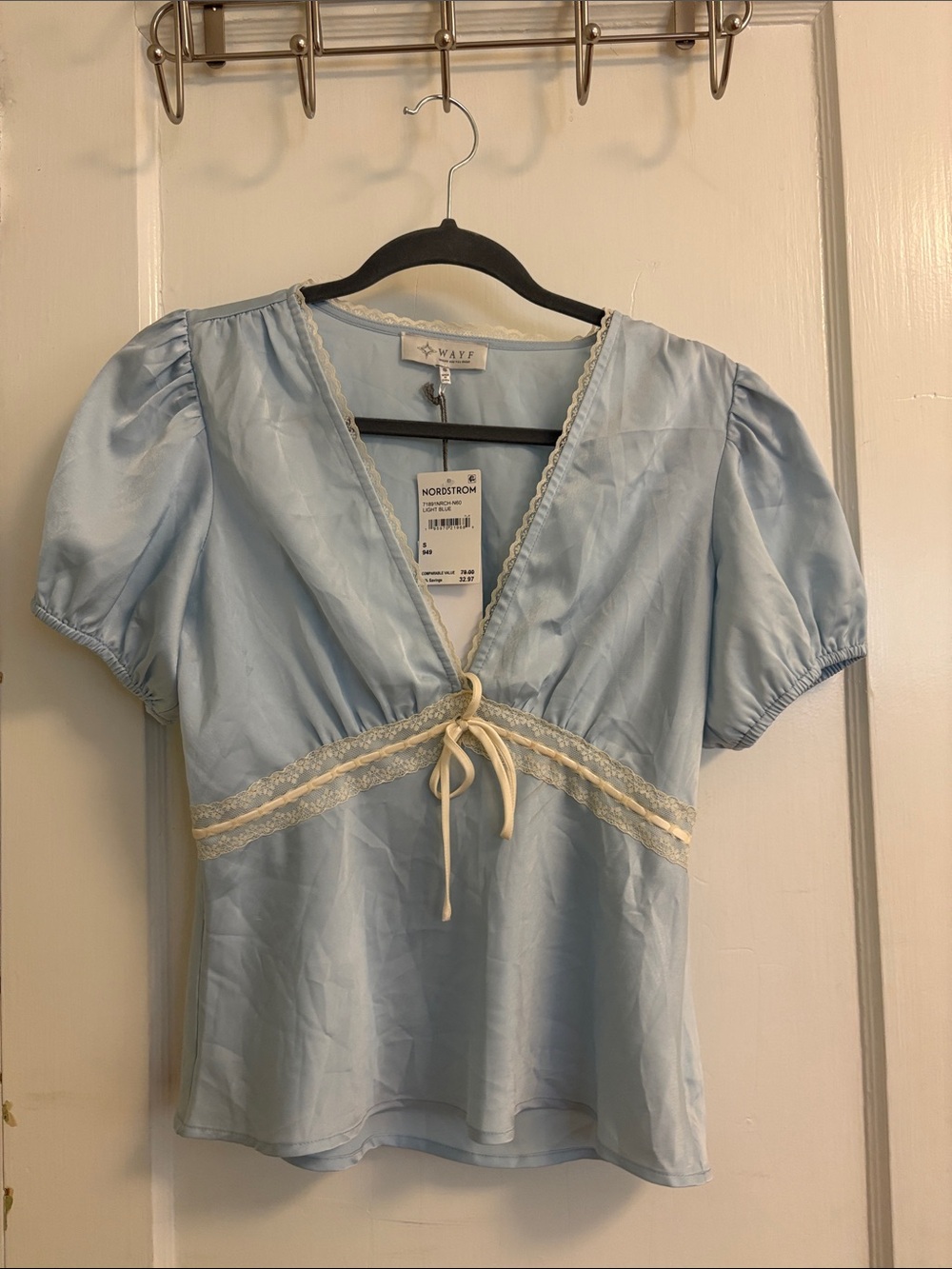 Wayf Light Blue Lace-Trim Tie-Front Blouse